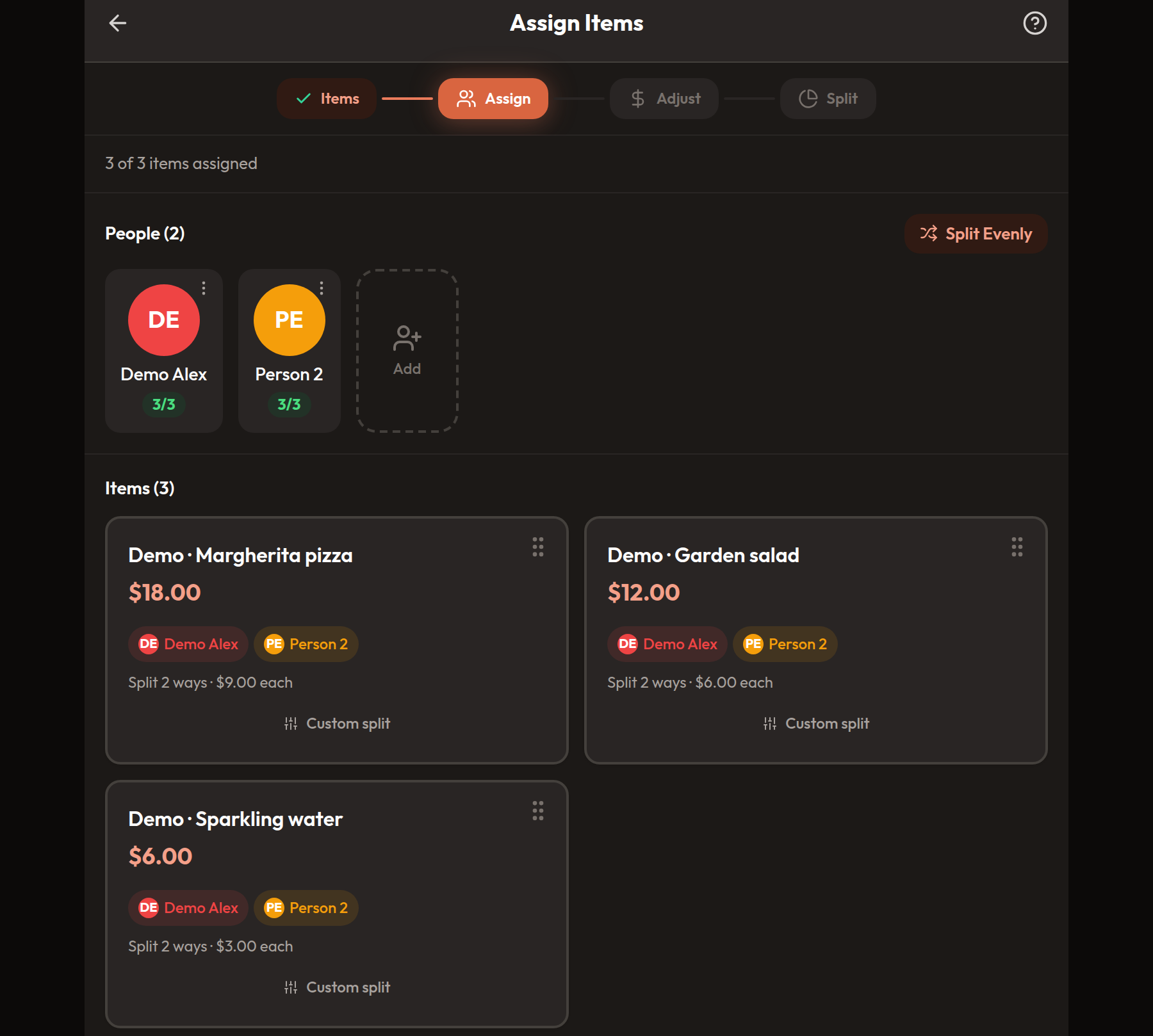Splitful assignment screen with three manually entered demonstration items shared between two sample participants